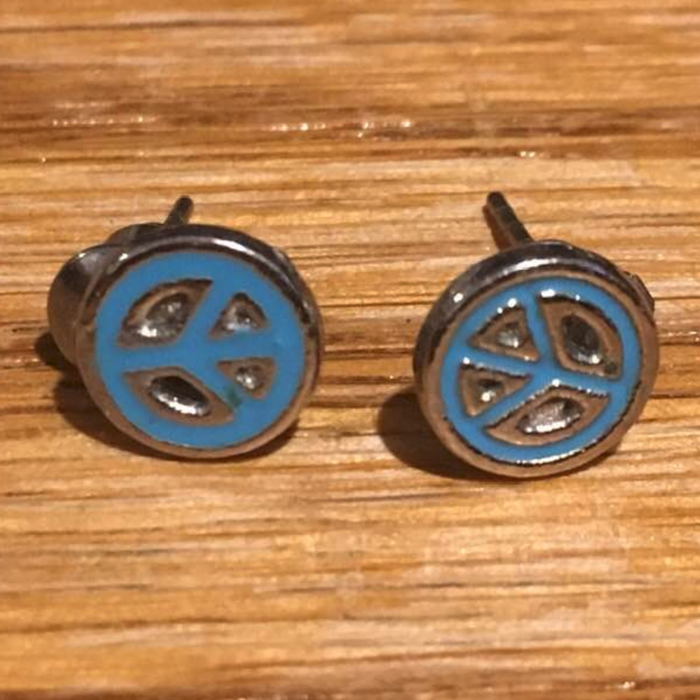 Silver & Blue Enamel "Peace" Sign Pierced Earrings